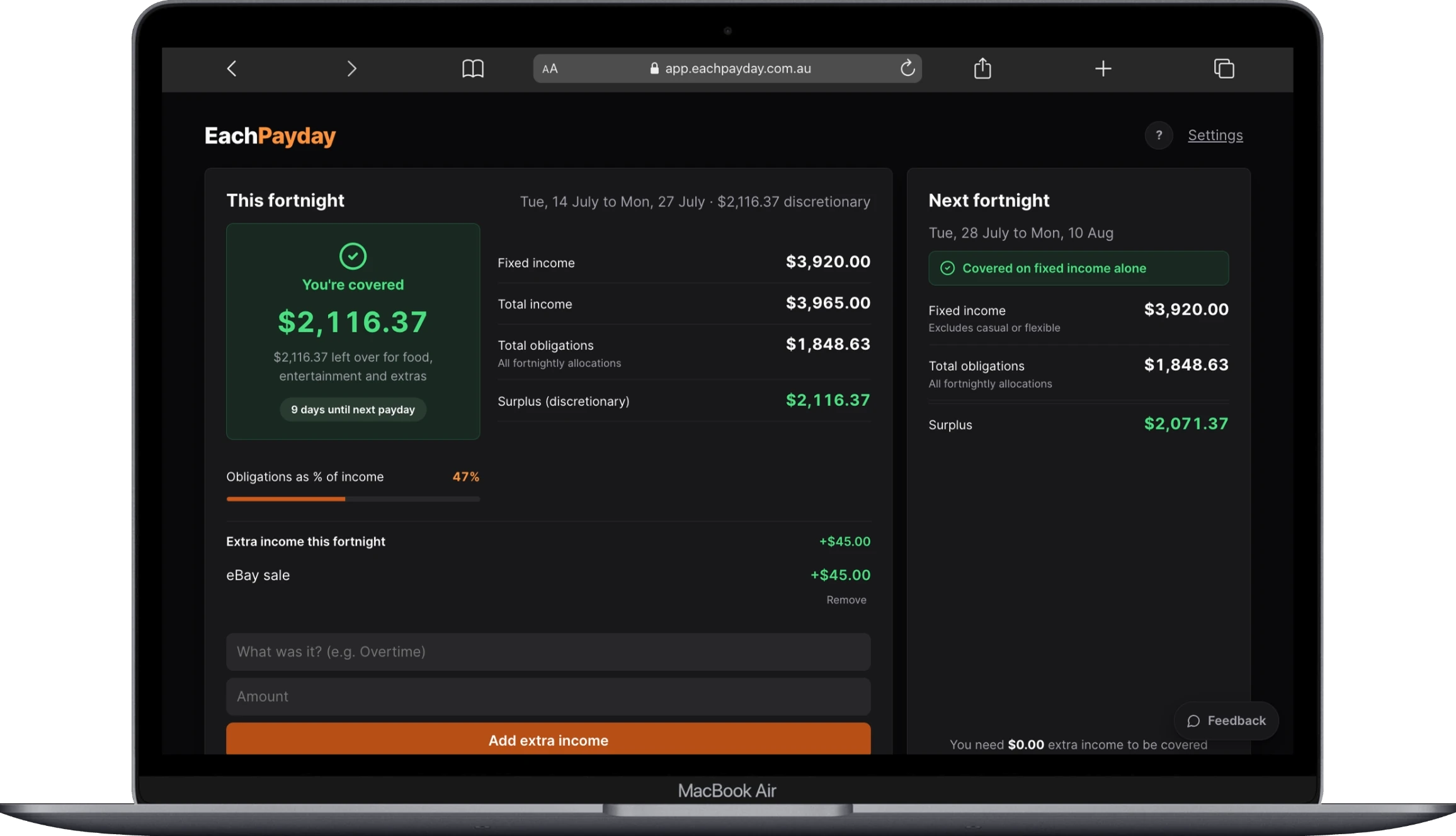 EachPayday running on a MacBook in dark mode, showing a fortnight's budget with a green 'You're covered' panel.