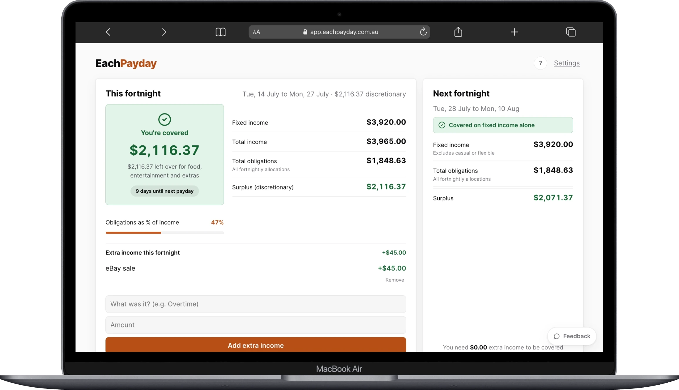 EachPayday running on a MacBook, showing a fortnight's budget with a green 'You're covered' panel.