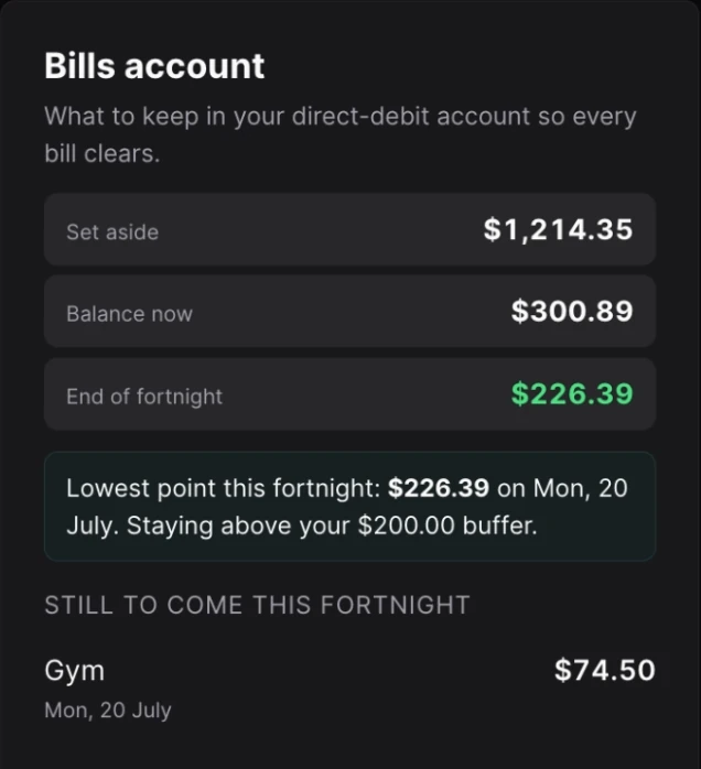 The Bills account card in dark mode with a teal accent: set aside, balance now and end of fortnight.