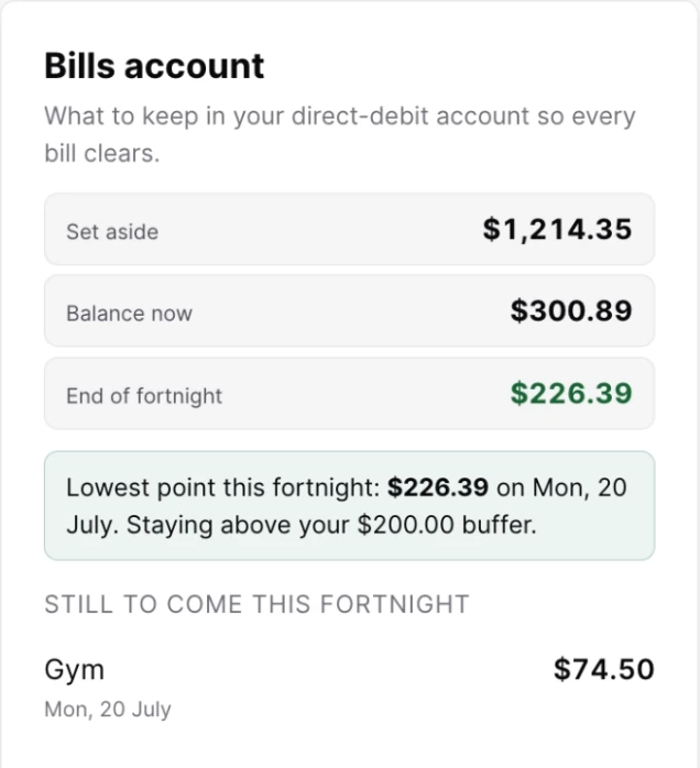 The Bills account card in a teal accent: what to keep in your direct-debit account so every bill clears.