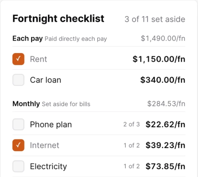 The fortnight checklist: each bill as a per-payday amount, ticked off as it is set aside.
