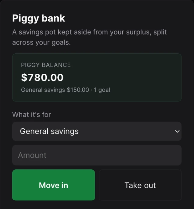 The Piggy bank card in dark mode with a green accent: savings split across goals.