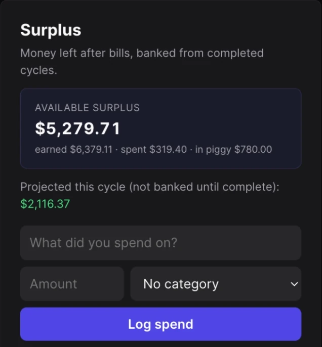 The Surplus card in dark mode with an indigo accent: available surplus banked from completed cycles.