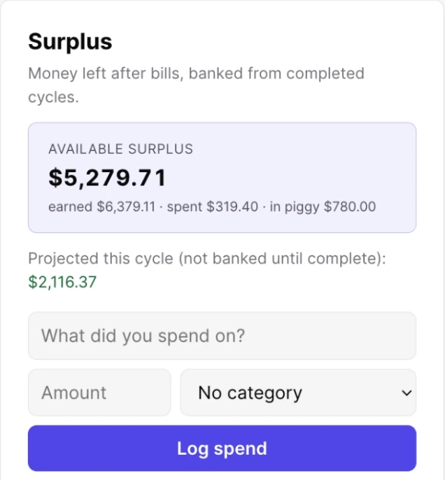 The Surplus card in an indigo accent: available surplus banked from completed cycles, with spending logged by category.