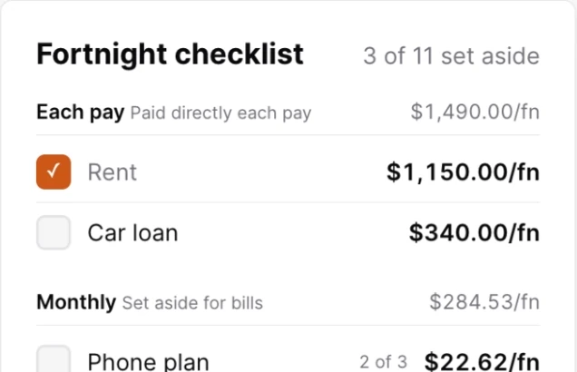 The fortnight checklist: rent and car loan as per-payday amounts, ticked off as they are set aside.