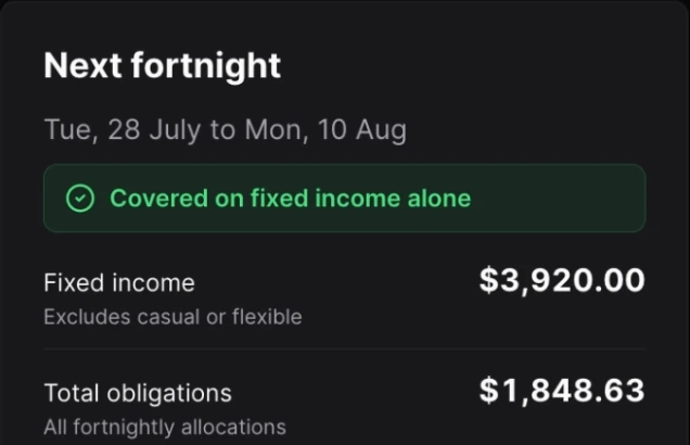 The next fortnight in dark mode, already covered on fixed income alone, with income and obligations totals.